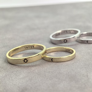 Sun and Moon Couple Rings: Personalized Engraved Sterling Silver Bands