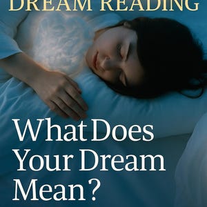 May include: A person sleeping on a white pillow and comforter, with the text "PSYCHIC DREAM READING" at the top. The text "What Does Your Dream Mean?" is below, with "Personalized PDF Same-Day Delivery" at the bottom.