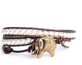 Lucky Elephant Leather Wrap Bracelet || Medium Brown Leather || 4mm Cream Swarovski Crystal Pearls||  THE LUCKY ELEPHANT Exclusive Design