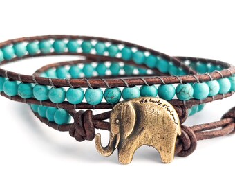 Gold Lucky Elephant Leather Wrap Bracelet || 4mm Turquoise Magnesite || Medium Brown Leather Pearls||  THE LUCKY ELEPHANT Exclusive Design