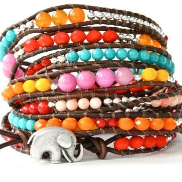 the lucky elephant Mega Leather Wrap Bracelet... Rainbow Sundance with GOOD LUCK ELEPHANT - 4.5 feet long