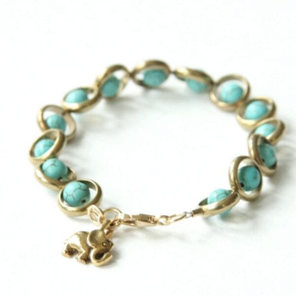 Turquoise and Gold GOOD LUCK ELEPHANT Bracelet