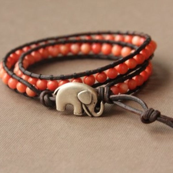 GOOD LUCK ELEPHANT leather wrap bracelet - Natural chocolate brown leather and coral