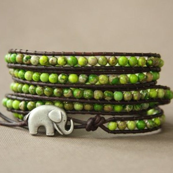 Apple Green GOOD LUCK ELEPHANT Leather Wrap Bracelet