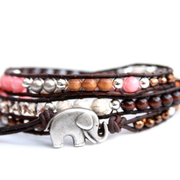 Brown and Coral Sundance...Gold GOOD LUCK ELEPHANT leather wrap bracelet