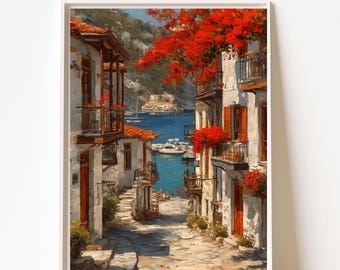 Greek Island Alleyway Art Print – Mediterranean Coastal Decor (Digital Download)