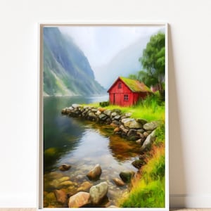 Red Cabin in Norwegian Fjord – Digital Wall Art Print of Cozy Cottage by Clear Lake, Landscape Download for Rustic Nature Decor