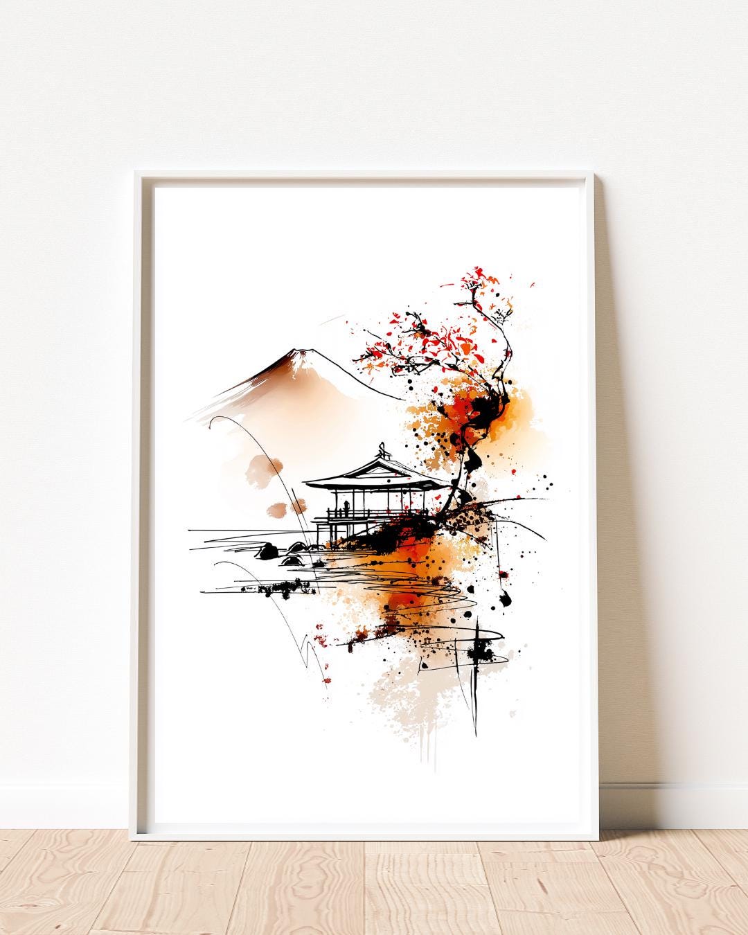 Japanese Ink Brush Wall Art, Minimalist Asian Temple Landscape Print ...