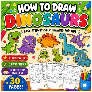 Puede incluir: Una colorida portada de libro instructivo titulada HOW TO DRAW DINOSAURS con el subtítulo EASY STEP-BY-STEP DRAWING FOR KIDS. La portada presenta ilustraciones de varios dinosaurios, tres cuadrículas de tutoriales y lápices de colores.