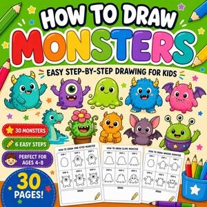 May include: A colorful instructional book cover titled HOW TO DRAW MONSTERS with the subtitle EASY STEP-BY-STEP DRAWING FOR KIDS. The cover features various cartoon monsters, three sample drawing worksheets, and text indicating 30 monsters, 6 easy steps, and 30 pages.