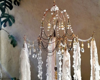 Indian Wedding Decor, Arch Centerpiece: White Fabric and Beads Chandelier