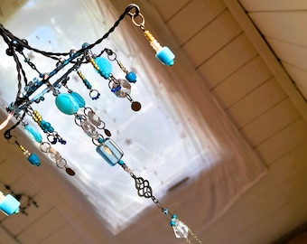 Long Narrow Wall Art - Blue Crystal suncatcher Chandelier - Boho Housewarming Gift for new home