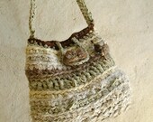 Neutral colors crochet bag - white beige brown - beaded dangle wooden button closure tagt team