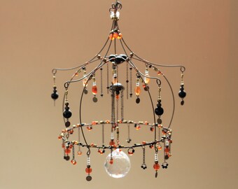 Eclectic Bead Chandelier for Boho Chic Room Decor, Maximalist Decor in Orange and Black, Anniversary Gift or Wedding Present for Newly Weds