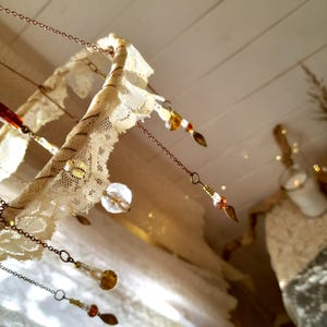Boho Chandelier Art: Elegant White Lace and Glass Beads Window Ornament, Home Accent for Shabby Chic Decor, coquette Cottagecor Room Decor