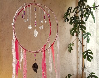 Pink Fabrics Suncatcher, Raw Clear Quartz Crystal Windchime for Cottagecore Room Decor, 16th Birthday Gift for Teenage or Baby Girls Room