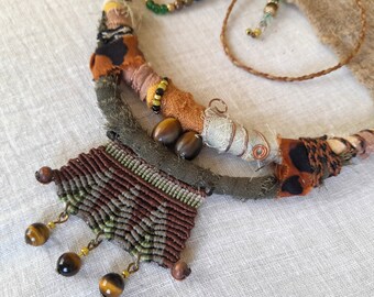 Tigers Eye Boho Macrame Necklace Earth Tones Fabric Neck Piece, Hippie Ethnic Wear Unique Macrame Accessory Free Spirit Gift