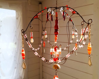 Bohemian Suncatcher Chandelier, Rainbow Crystal Room Decor, Wire Beaded Mobile wind chime