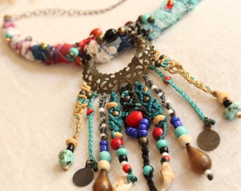 Boho Beaded Hippie Blue and Red Macrame Necklace, Upcycled Fabrics Neck Piece,  Indie Ethnic Wear