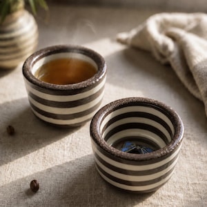 May include: Two small, round ceramic bowls with brown and white horizontal stripes. One bowl contains tea, and the other has a blue butterfly inside. The bowls sit on a textured surface, with coffee beans scattered around.