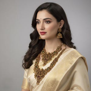 Gold Plated Temple Jewelry Set, Emerald Ruby Accents, Lakshmi Motif Combo Haram