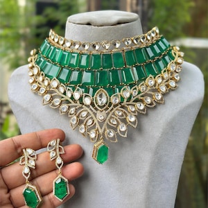 Emerald Green Kundan Bridal Choker Necklace Set with Earrings | Wedding Jewelry, Statement Indian Necklace