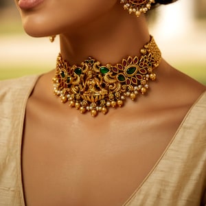 Südindische Lakshmi Kemp Stein Choker Halskette Set mit Jhumkas vergoldeten Peacock Perlen