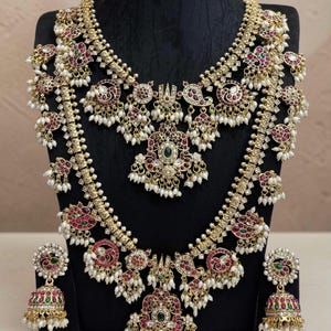 South Indian Matt Guttapusalu Bridal Haram Combo Set - Namam Fish Motif Ruby Red Kemp Kundan Rice Pearls