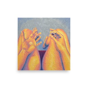 May include: An artistic painting featuring two hands, one holding a pill with a plus sign, the other holding a small, round object. The artwork uses warm colors and a soft, painterly style against a blue-gray background.