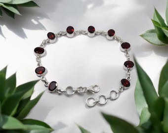 Trendy Granat Stein Armband, Handgemachtes Armband, 925 Sterling Silber Armband, Oval Stein Armband, Frauen Armband, Schönes Armband
