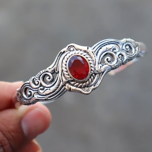 Natural Red Garnet Bangle | S Silver Garnet Gemstone Jewelry |Sterling Silver Bangle Bracelet Jewelry| Adjustable Fit | Perfect Gift For Her