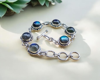 Shiny Labradorite Bracelet, Round Stone Bracelet, 925 Sterling Silver Bracelet, Women Bracelet, Statement Bracelet, Gift For Love