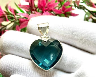 Shiny Blue Topaz Pendant, 925 Sterling Silver Pendant, Heart Shape Pendant, Natural Gemstone, Handmade Pendant, Women Pendant