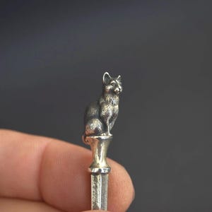 May include: A detailed silver cat figurine perched atop a decorative post. The cat is depicted in a seated position, with its ears perked up and eyes alert. The figurine is held in a person's hand against a dark background.