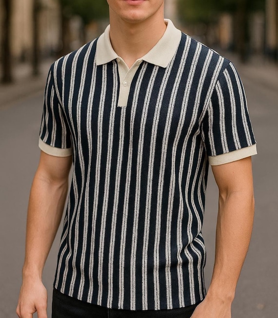 Vintage Style Striped Knit Polo Shirt - Old Money Y2K Fashion