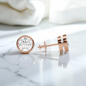 3.00CT Round Cut Bezel Set Lab Grown Diamond Stud Earrings | Minimalist Screw Back Earrings | Solitaire Earrings | Everyday Jewelry Gift