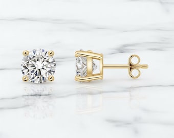 14K Gold Round Cut Diamond Stud Earrings • Classic Solitaire Diamond Earrings • Minimalist Gold Studs for Women • Bridal & Anniversary Gift