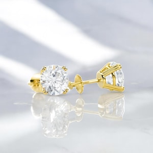 14K Gold Round Moissanite Stud Earrings • Screw Back Earrings • Solitaire Bridal Jewelry • Minimalist Everyday Earrings Gift for Her