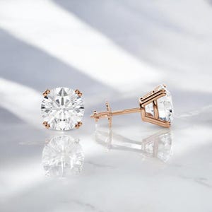 1.50 Carat Moissanite Stud Earrings – 14K Rose Gold Round Cut Solitaire Screw Back Earrings for Women – Dainty Bridal Wedding Jewelry Gift