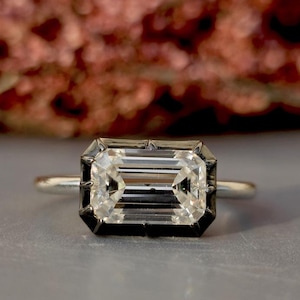 Lab grown East West set Elongated Emerald Cut Georgian cut down button back solitaire engagement ring, ring for her, ring for women