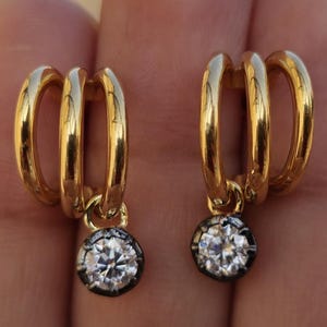 Round Lab grown diamond button back Georgian cut down tripset hoops ,2 in 1  statement earring, blackened gold earrings.