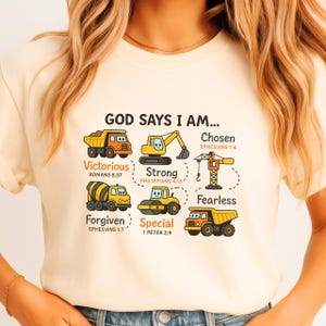God Says I Am PNG, Christian Construction Vehicles Kids Shirt Design, Bible Verse Boys SVG, Cute Faith Based Clipart for Sunday School