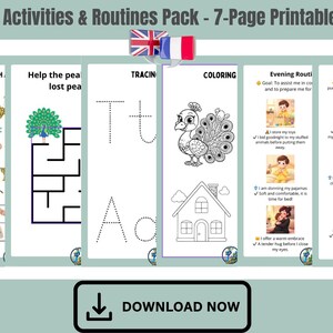 Peut inclure: Pack PDF imprimable de 7 pages pour enfants, avec des activités et des routines. Comprend des pages pour identifier des objets, des labyrinthes, tracer des lettres, colorier et des routines du matin/soir. Contient le texte "Télécharger maintenant".