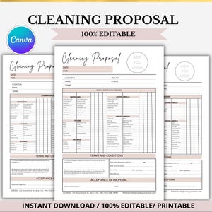 Puede incluir: Una pila de tres plantillas imprimibles de propuesta de limpieza. Las plantillas son blancas con un borde y texto marrón claro. El texto incluye "Cleaning Proposal", "Cleaning Services Required" y "100% Editable". El logotipo de Canva está en la esquina superior izquierda.