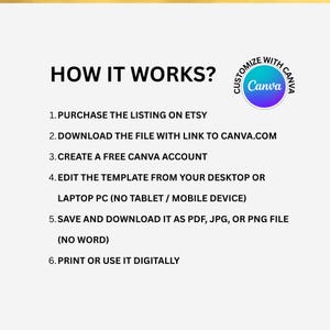 Peut inclure: Graphique blanc avec le texte "HOW IT WORKS?" et des &eacute;tapes num&eacute;rot&eacute;es pour utiliser un mod&egrave;le Etsy avec Canva. Comprend le logo Canva et des instructions pour t&eacute;l&eacute;charger, modifier et enregistrer le fichier.