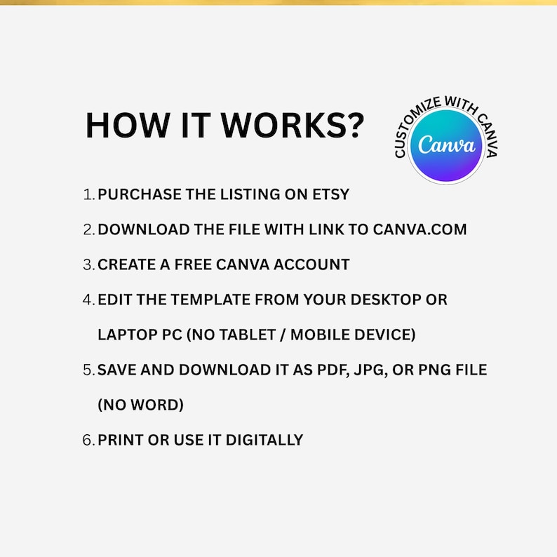 Peut inclure: Graphique blanc avec le texte "HOW IT WORKS?" et des &eacute;tapes num&eacute;rot&eacute;es pour utiliser un mod&egrave;le Etsy avec Canva. Comprend le logo Canva et des instructions pour t&eacute;l&eacute;charger, modifier et enregistrer le fichier.