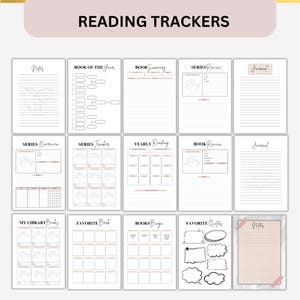 Peut inclure: Une collection de trackers de lecture imprimables avec diverses mises en page, comprenant des pages pour les notes, les r&eacute;sum&eacute;s de livres, les critiques de s&eacute;ries et les journaux de lecture annuels. Le titre "READING TRACKERS" est affich&eacute; en haut. Les pages sont en noir et blanc avec des accents roses.