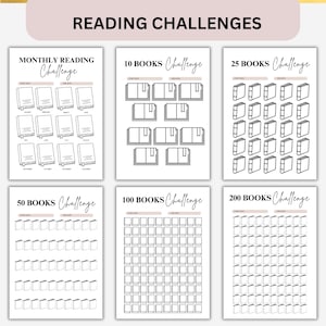 Peut inclure: Plusieurs feuilles de suivi de d&eacute;fis de lecture imprimables. Les d&eacute;fis incluent des options pour la lecture mensuelle et des d&eacute;fis pour 10, 25, 50, 100 et 200 livres. Chaque suivi a un espace pour les dates de d&eacute;but et de fin.