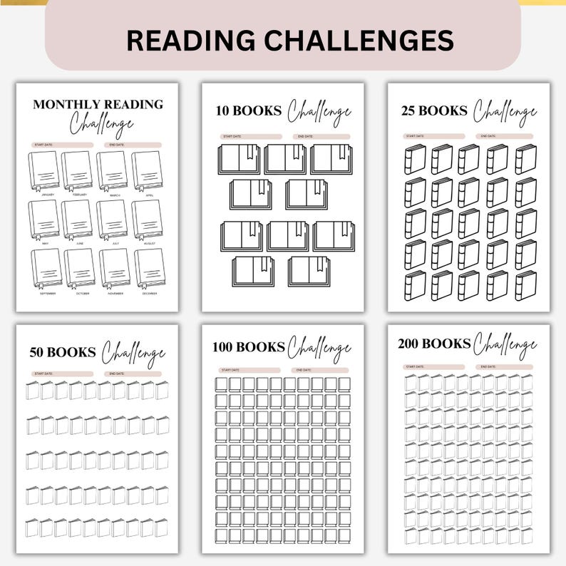 Peut inclure: Plusieurs feuilles de suivi de d&eacute;fis de lecture imprimables. Les d&eacute;fis incluent des options pour la lecture mensuelle et des d&eacute;fis pour 10, 25, 50, 100 et 200 livres. Chaque suivi a un espace pour les dates de d&eacute;but et de fin.