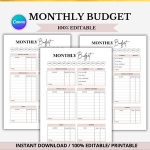 Puede incluir: Un planificador de presupuesto mensual imprimible con un diseño limpio y minimalista. El planificador incluye secciones para ingresos, facturas, gastos, deudas y ahorros. El texto "MONTHLY BUDGET" y "100% EDITABLE" se muestran en la parte superior.